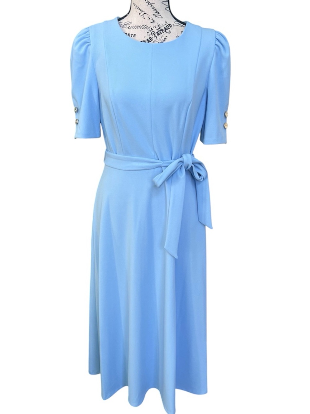 DKNY Sky Blue Midi Dress with Self-Tie Waist